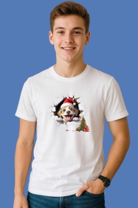 Tricou Catel Cu Fundal Alb Si Brad Craciun, din bumbac 100% Copii | Dama | Barbat