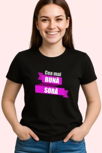 Tricou Cea Mai Buna Sora Banner Mov, din bumbac 100%, tricou negru, Dama | Barbat - Img 2
