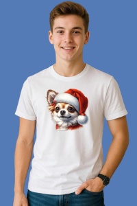 Tricou Chihuahua Craciun Portret, din bumbac 100%, tricou alb, Copii | Dama | Barbat