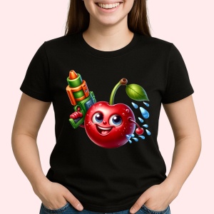 Tricou Cireasa de vara amuzanta pistol cu apa, Fructe, Copii | Dama, culoare negru - Img 2
