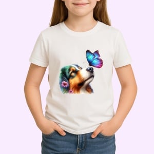 Tricou Collie australian cu fluture mov si roz pe nas design pastelat Copii | Dama | Barbat Barbat - Img 4