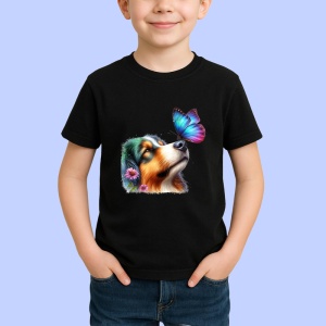 Tricou Collie australian cu fluture mov si roz pe nas design pastelat Copii | Dama | Barbat, negru - Img 3