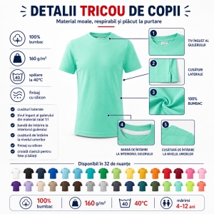 Tricou copii 100% bumbac,pentru fete și băieți 160 gm/², 32 nuanțe, mărimi 4–12 ani - Img 4