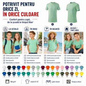 Tricou Copii Basic Malfini – 100% Bumbac, Mânecă Scurtă, 33 Culori pentru Fete și Băieți, Calitate Premium - Img 6