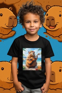 Tricou copii Capybara - Canta la chitara Ukulele pe o plaja in Hawaii - Img 1