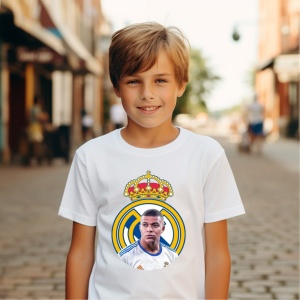 Tricou copii din bumbac 100%, personalizat cu fotbalistul Kylian Mbappe de la Real Madrid - Cadou - Img 3