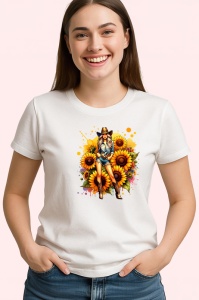 Tricou cowgirl pose sunflowers background, cowgirl cu fundal floarea soarelui, Copii | Dama | Barbat