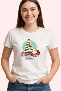 Tricou Craciun Brad Cadouri, din bumbac 100%, tricou alb, Dama | Barbat