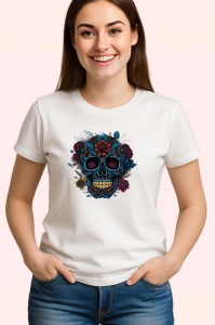 Tricou Craniu albastru cu flori violet si detalii aurii Copii | Dama | Barbat - Img 3