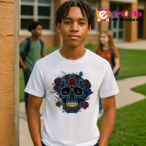 Tricou Craniu albastru cu flori violet si detalii aurii Copii | Dama | Barbat - Img 5