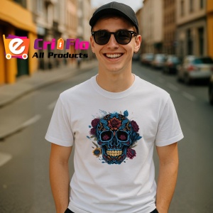 Tricou Craniu albastru cu flori violet si detalii aurii Copii | Dama | Barbat - Img 6