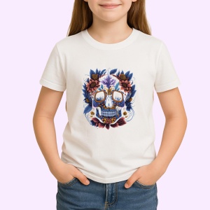 Tricou Craniu albastru mov si flori colorate fundal alb Copii | Dama | Barbat - Img 4