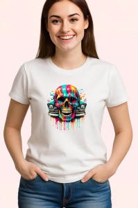 Tricou Craniu cu badge de politist si ochelari fundal alb Copii | Dama | Barbat