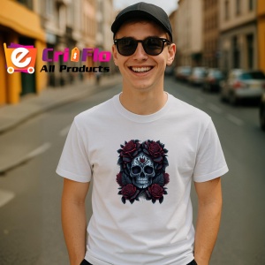 Tricou Craniu cu flori negre si trandafiri fundal alb Copii | Dama | Barbat - Img 5