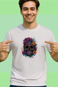 Tricou Craniu cu flori portocalii si fundal deschis Copii | Dama | Barbat - Img 2