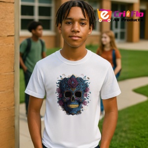 Tricou Craniu cu flori tropicale si bandana fundal alb Copii | Dama | Barbat - Img 4