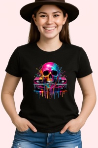 Tricou Craniu cu masina muscle car si stropi colorati Copii | Dama | Barbat, culoare negru