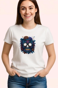 Tricou Craniu cu trandafiri visinii si fundal alb Copii | Dama | Barbat - Img 3