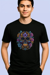 Tricou Craniu negru cu aur si trandafiri violet fundal alb Copii | Dama | Barbat, culoare negru - Img 2