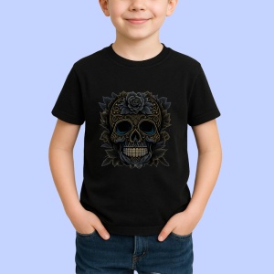 Tricou Craniu negru elegant cu flori aurii fundal alb Copii | Dama | Barbat, culoare negru - Img 4