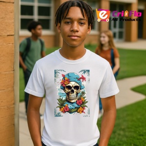 Tricou Craniu pirat cu flori si fundal oceanic Copii | Dama | Barbat - Img 4