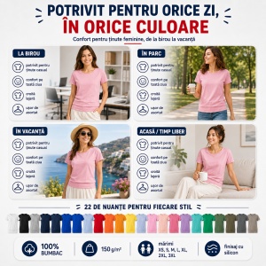 Tricou Damă 100% Bumbac cu Bandă Jos – Croială Lejeră, 22 Culori, XS-3XL - Img 5
