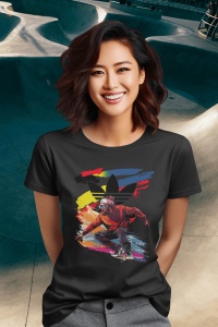 Femeie zâmbitoare cu păr brunet și ondulat, purtând un tricou negru cu un design grafic colorat ce prezintă un skater pe un fundal creativ, pozând într-un skatepark.