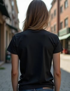 Femeie văzută din spate purtând un tricou negru, mergând pe o stradă urbană liniștită, cu clădiri în fundal.