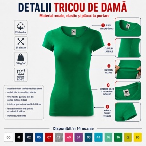 Tricou Damă Slim Fit Elastic, 95% Bumbac și 5% Elastan, Guler Rotund, Mâneci Scurte, 14 Culori, XS–2XL - Img 10