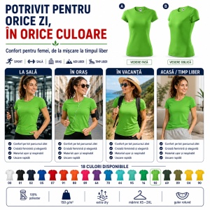Tricou Damă Sport, pentru sala, alergare, divere activitari sportive, 100% Poliester Extra Dry, Uscare Rapidă, 18 Culori, XS–2XL - Img 8