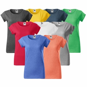 Poza de prezentare a tricourilor de dama cu maneci rulate disponibile în nuanțe de albastru, alb, verde, rosu, galben si negru