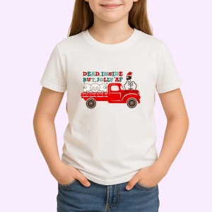 Tricou Dead Inside But Jolly Af Craciun Camion Rosu, din bumbac 100% , tricou alb pentru Copii | Dama | Barbat