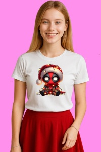 Tricou Deadpool Christmas Chibi Cu Lumini Si Cana, din bumbac 100%, tricou alb, Copii | Dama | Barbat - Img 3
