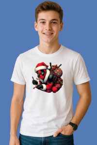 Tricou Deadpool Christmas Cu Sac Cadouri, din bumbac 100%, tricou alb, Copii | Dama | Barbat - Img 3