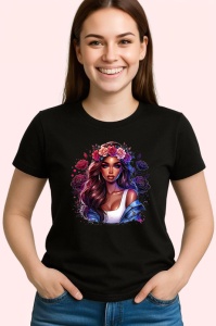 Tricou Deep eyes girl rose crown tattoo, fata cu privire profunda si coronita de trandafiri, Copii | Dama | Barbat , tricou negru - Img 3