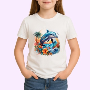 Tricou Delfini sarind in valuri cu flori tropicale Copii | Dama | Barbat