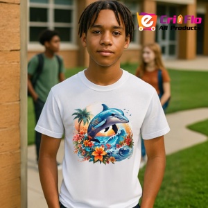 Tricou Delfini sarind in valuri cu flori tropicale Copii | Dama | Barbat - Img 4