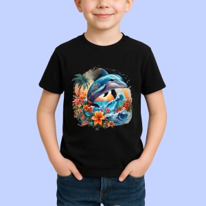 Tricou Delfini sarind in valuri cu flori tropicale Copii | Dama | Barbat, culoare negru
