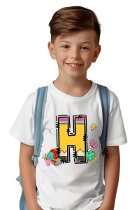 Tricou din bumbac 100% pentru copii, litera H, Back To School, educatie, creioane, carti