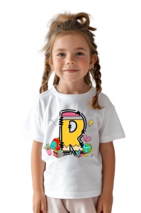 Tricou din bumbac 100% pentru copii, litera R, Back To School, educatie, creioane, carti