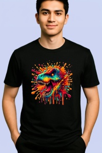 Tricou Dinozaur rosu portocaliu in stil exploziv Copii | Dama | Barbat, culoare negru - Img 2