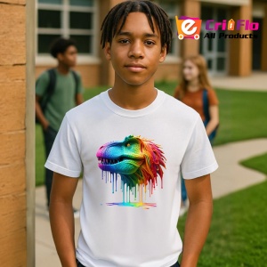 Tricou Dinozaur verde portocaliu cu vopsea fundal alb Copii | Dama | Barbat - Img 4