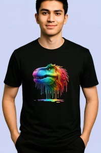 Tricou Dinozaur verde portocaliu cu vopsea fundal alb Copii | Dama | Barbat, culoare negru - Img 2