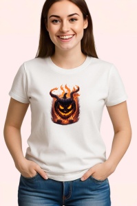 Tricou Dovleac Halloween cu coarne si flacari portocalii Copii | Dama | Barbat - Img 3