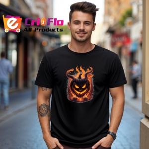Tricou Dovleac Halloween cu coarne si flacari portocalii Copii | Dama | Barbat, culoare negru - Img 5
