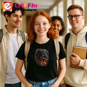 Tricou Dragon negru cu ochi rosii si flacari pe fundal Copii | Dama | Barbat, culoare negru