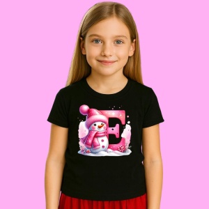 Tricou E Litera Craciun Roz Cu Om De Zapada Fulgi De Zapada, din bumbac 100% Copii | Dama | Barbat