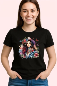 Tricou Floral hooded girl color splash, fata cu gluga si stropi de flori colorate, Copii | Dama | Barbat , tricou negru - Img 3