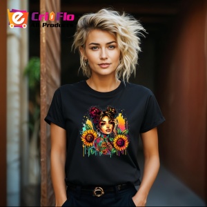 Tricou Floral tattoo girl sunflower pop, fata tatuata cu accent floarea soarelui, Copii | Dama | Barbat , tricou negru - Img 8
