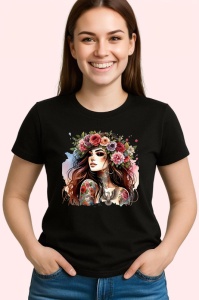 Tricou Flower crown confident girl with tattoos, fata increzatoare cu tatuaje si coronita florala, Copii | Dama | Barbat , tricou negru - Img 3